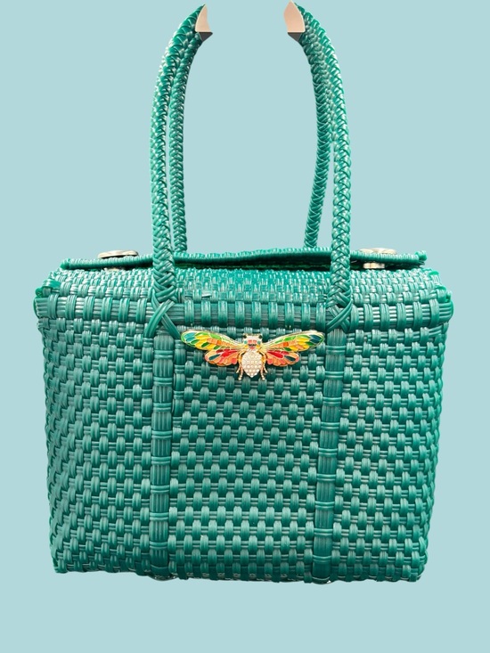 Handbags - Emerald Green Woven Basket Handbag with Colorful Moth Accent